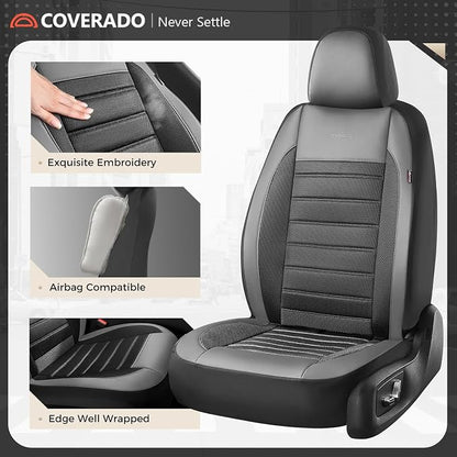 Coverado Car Seat Covers Full Set, Luxury Leather Car Seat Protector, Automotive Front and Rear Mesh Seat Covers, Full Set 5 Seats, Black Gray Seat Cushion for SUV Sedan Truck