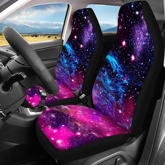 Blue Purple Galaxy Car Seat Covers Full Set,Deep Space Abstract Universe Stars Nebula Design Vehicle Front Rear Bench Cushion Protectors Auto Interior Accessories Universal for Trucks Sedans