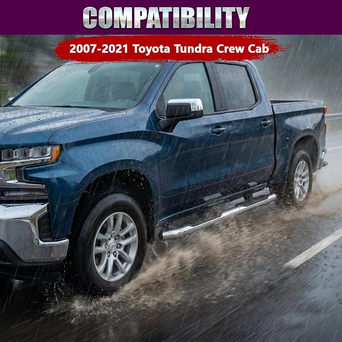 4 Inch Curved Running Boards Stainless Steel Nerf Bars Side Steps Compatible with 2007-2021 Toyota Tundra Crew Cab, No-Cut, No Drilling, Bolt on Installation