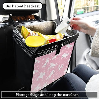 Car Trash Can Organizer Bin with Adjustable Strap for Back Front Seat Console Waterproof Leakproof Collapsible Portable 8.66 Inch Pink Unicorns Silhouette and Stars