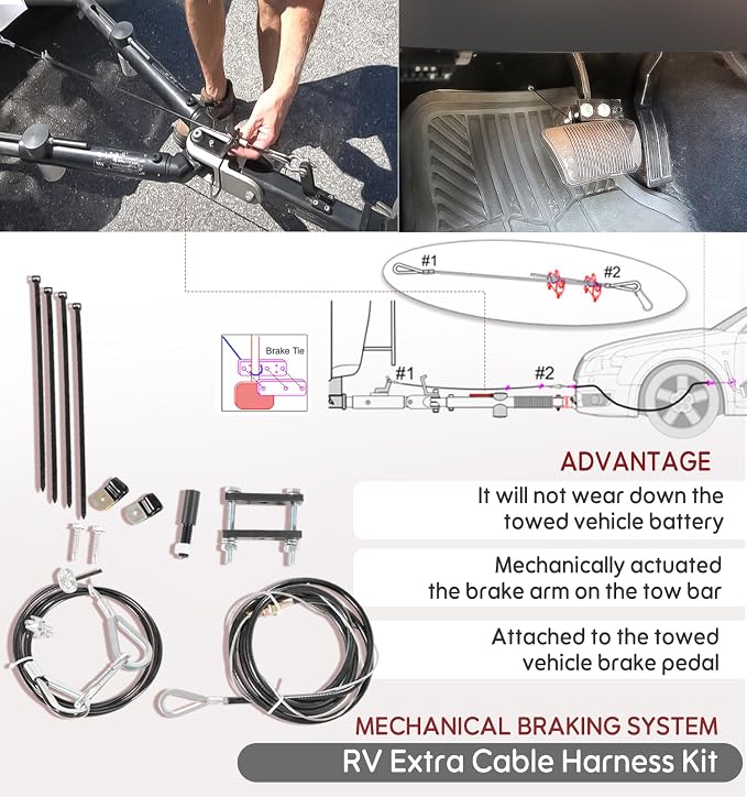 RV Brake System for Flat Towing, Emergency Breakaway Kit & Ready Stop Device Kit with Brake Pedal Connected Cable Harness, Compatible with RV Tow Bars and Towed Vehicles