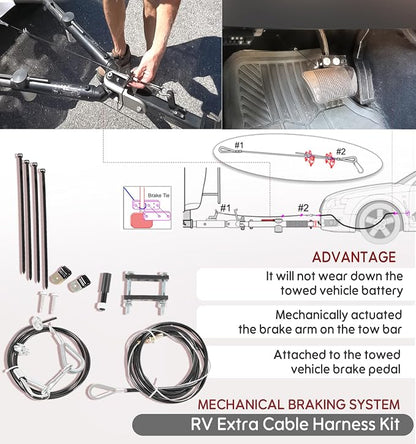 RV Brake System for Flat Towing, Emergency Breakaway Kit & Ready Stop Device Kit with Brake Pedal Connected Cable Harness, Compatible with RV Tow Bars and Towed Vehicles