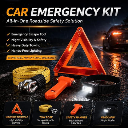 Car Emergency Kit, Emergency Roadside Car Safety Kit with10FT Jumper Cable, Tow Strap, Safety Hammer