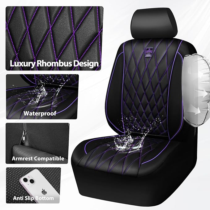 CAR PASS Piping Luxury Faux Leather Two Front Car Seat Covers, Waterproof Anti Slip Premium Automotive Seat Covers,Universal Fit for Suvs,Vans,Trucks, Armrest Airbag Compatible (Black and Purple)