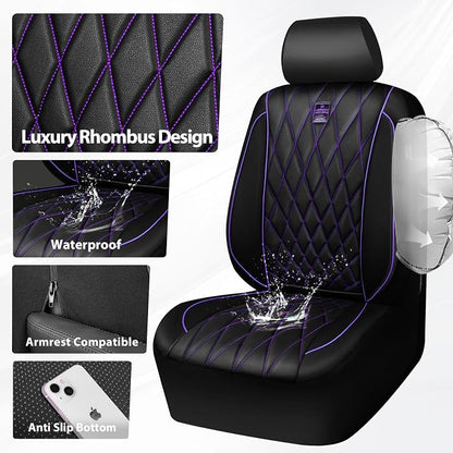 CAR PASS Piping Luxury Faux Leather Two Front Car Seat Covers, Waterproof Anti Slip Premium Automotive Seat Covers,Universal Fit for Suvs,Vans,Trucks, Armrest Airbag Compatible (Black and Purple)