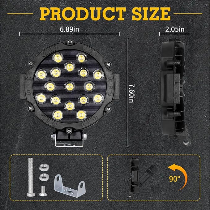 Round Off Road Led Lights 7 Inch 51W 2pcs Round Spot Light Off Road Driving Work Lamp Bumper Roof Fog Lights Fit for Jeep, ATV, SUV, Truck, Hunters (Black)