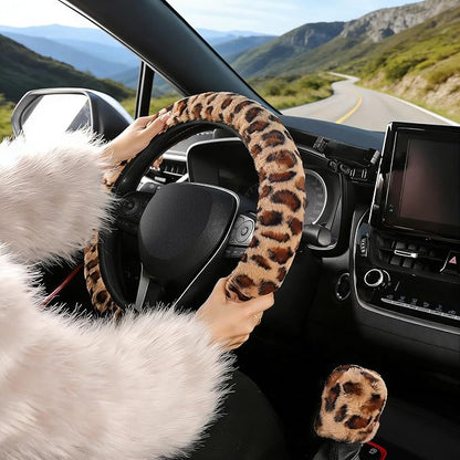 SEG Direct Furry Car Steering Wheel Cover with Gear Shift Cover, Soft and Warm, Cute Fluffy Auto Decor for Women Men, Standard Size, 2 PCS Set, Brown Leopard