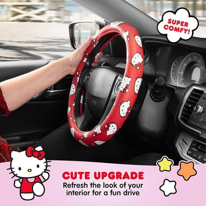 Hello Kitty Steering Wheel Cover Official Sanrio Car Accessory Universal Size 14.5 to 15 Inch Cute Red Design for Women Girls Sedans SUVs Trucks, Anti-Slip Grip, Stretch-Fit Design