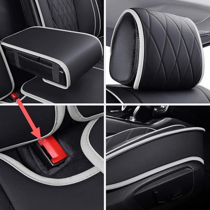 Aierxuan 5 Car Seat Covers Waterproof Leather Universal Cushions Split Bench Compatible with 4Runner CRV Camry Yaris Sienna Venza FJ Cruiser Wrangler Tucson Equinox(Full Set, Black-White)