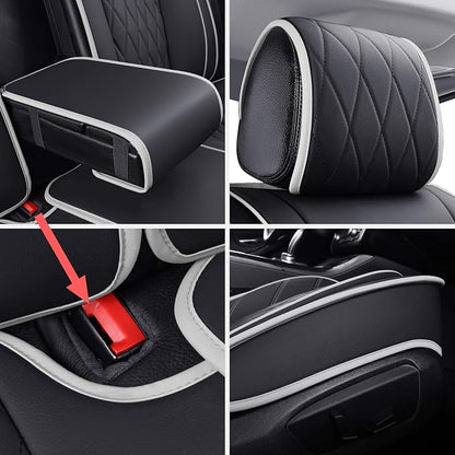 Aierxuan 5 Car Seat Covers Waterproof Leather Universal Cushions Split Bench Compatible with 4Runner CRV Camry Yaris Sienna Venza FJ Cruiser Wrangler Tucson Equinox(Full Set, Black-White)