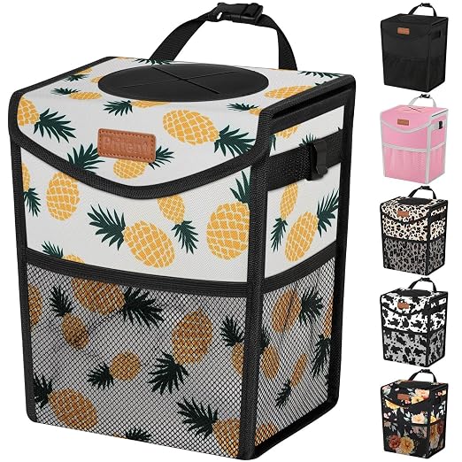 Pritent Car Trash Can with Lid, Cute Leakproof Car Trash Garbage Bag Hanging Vehicle Trash Bin Small Portable Automotive Garbage Cans Organizer for Back/Front Seat(Trapezoid,Pineapple Print
