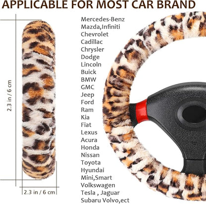 Accmor Fluffy Car Steering Wheel Cover, Universal Fuzzy Wheel Cover 14 1/2-15 & Handbrake Cover & Gear Shift Cover Set, Anti-Slip Leopard Warm Fur Vehicle Wheel Protector Car Accessories for Men Women