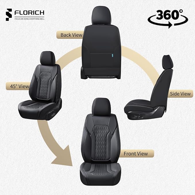 FLORICH Seat Covers, Car Seat Covers Front Seats, Luxury Nappa Leather Seat Covers, Breathable and Waterproof Car Seat Protector 2 Seat, Automotive Seat Covers Universal Fit for Most Cars-Black