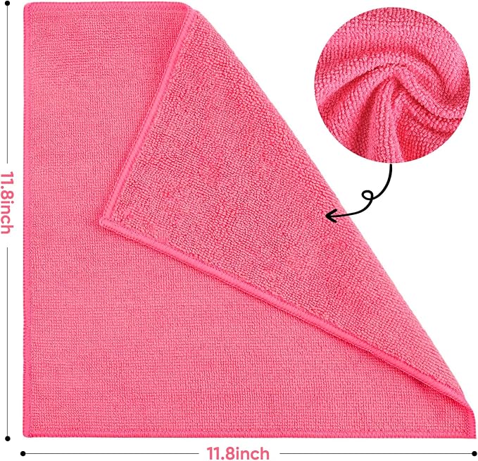 TEAWOO 10 PCS Pink Microfiber Cleaning Cloths, Highly Absorbent Microfiber Towels for Car, Kitchen, Bathroom and Household Cleaning, 11.8" X11.8