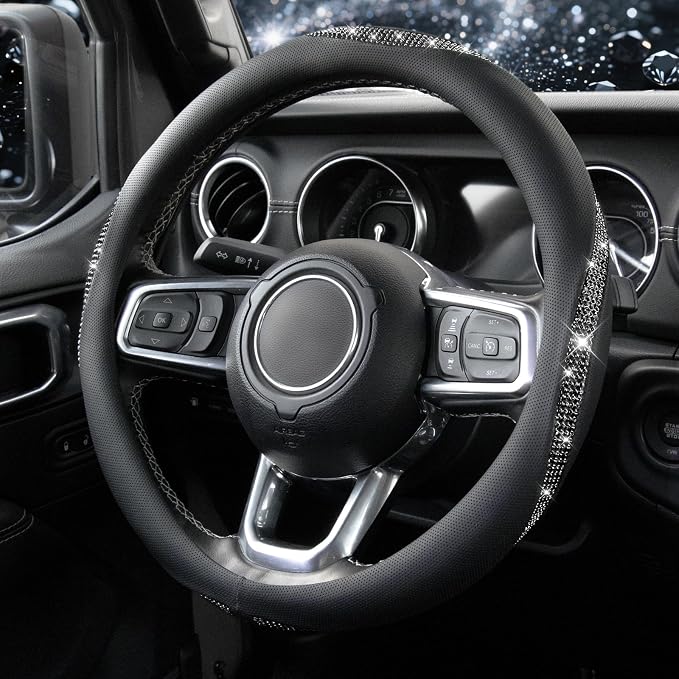 KAFEEK Sparkly Diamond Steering Wheel Cover, Bling Rhinestone Breathable Leather Car Protector, Universal 15 Inch Fit for Women Girls, Anti-Slip Comfortable, Black