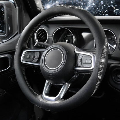 KAFEEK Sparkly Diamond Steering Wheel Cover, Bling Rhinestone Breathable Leather Car Protector, Universal 15 Inch Fit for Women Girls, Anti-Slip Comfortable, Black