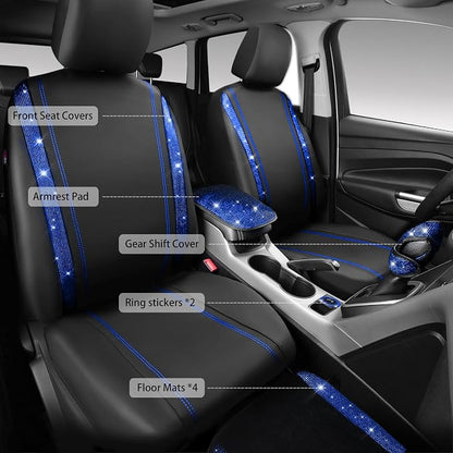 CAR PASS Bling Diamond Car Seat Covers Blue Rhinestone Black Leather Shining Car Floor Mats Carpet with Anti-Slip Nibs Shining Car Accessories Sets Glitter Sparkly Crystal Universal Fit for Girl Women
