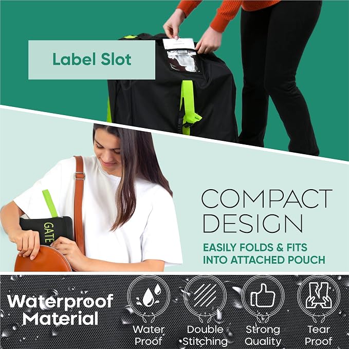 reperkid Car Seat Travel Bag for Airplane, Black and Green, 33" H x 18" W x 18" D, Fits Most Convertible, Booster and Infant Car Seats – Premium Waterproof Cover, Adjustable Shoulder Strap | Adjustable Padded Backpack Straps, Reinforced Stitching, Fits...