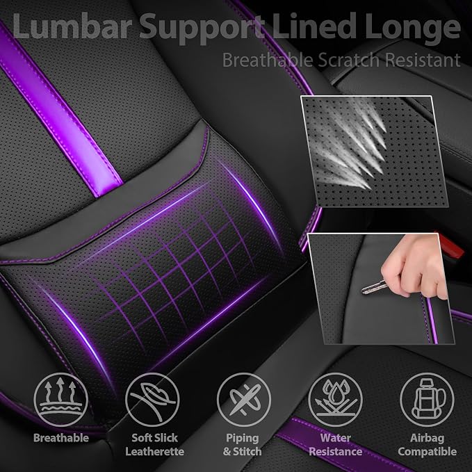 CAR PASS Nappa Leather Car Seat Covers, Water Resistant 3D Foam Faux Leather Seat Covers, Lumbar Support Automotive Seat Covers 2 Front Seats, Comfort & Universal Fit for Cars SUV Truck, Black Purple