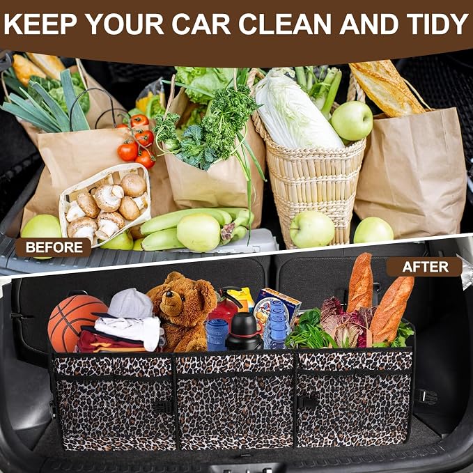 AOPHY Leopard Print Trunk Organizer - 95L Large Capacity, Non-Slip Bottom, Waterproof, Portable Car Storage for SUV, Truck, Sedan