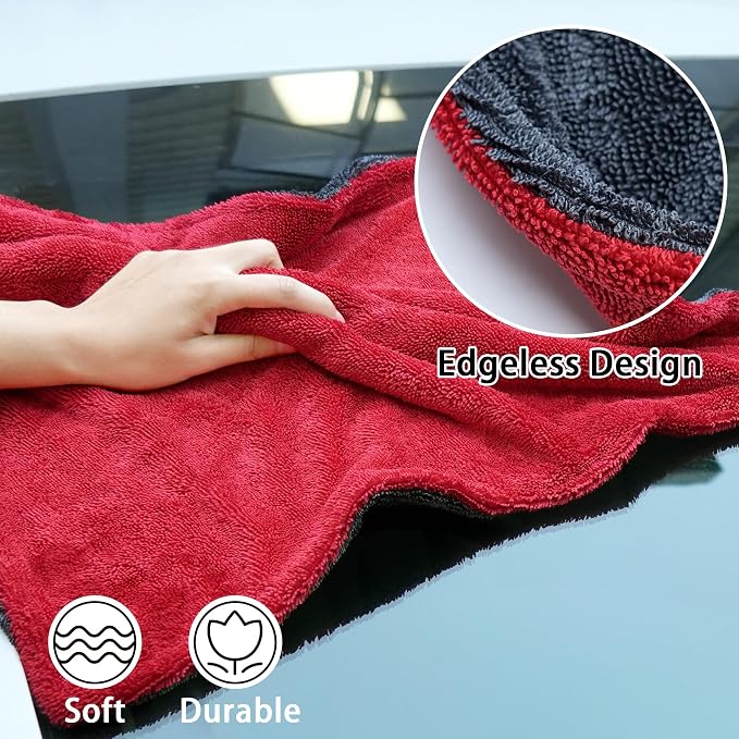 LIVOS 1000GSM Car Drying Towel, 18" x 24" Dual Sided Microfiber Towels for Cars, Ultra Absorbent Lint & Scratch-Free, Edgeless Twisted-Loop, Premium Wash Towel, Red&Grey
