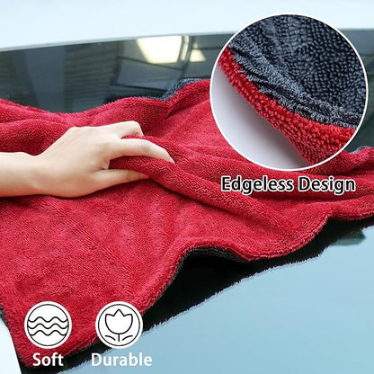 LIVOS 1000GSM Car Drying Towel, 18" x 24" Dual Sided Microfiber Towels for Cars, Ultra Absorbent Lint & Scratch-Free, Edgeless Twisted-Loop, Premium Wash Towel, Red&Grey