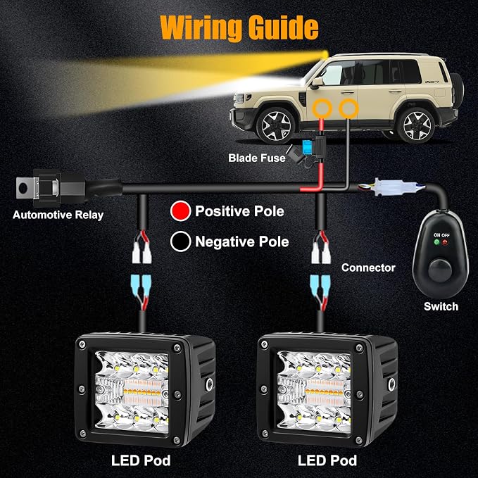 4 Inch LED Driving Pods, 120W Amber Spot Flood Combo Triple Row Off Road Light Bar with Wiring Harness, 6 Modes Dual Color Amber White Auxiliary Flashing Fog Light for Trucks SUV ATV UTV Jeep Boat