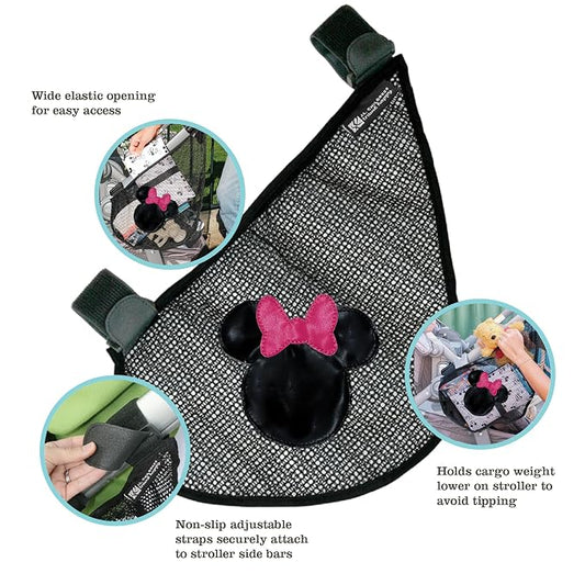J.L. Childress Disney Baby Side Sling Stroller Cargo Net - Stroller Organizer Attachment for Storage, Mesh Bag for Baby Accessories, Universal Fit - Minnie Mouse