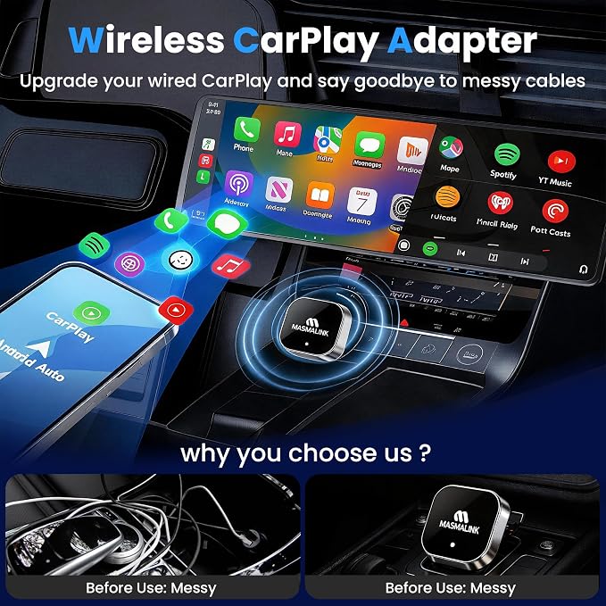 2026 Upgraded Wireless CarPlay Adapter for iPhone and Android Auto | Dual Band Connection (2.4Ghz - 5.8Ghz), Wired to Wireless Converter - Plug and Play Setup, Mini Size Having USB A/C Cable