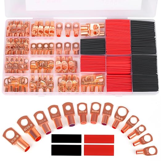Copper Wire Lugs,Terminal Connectors,Used on AWG12 10 8 6 4 2 Cable,Heat Shrink Set,Bare Copper Eyelets,Ring Terminals Connectors,80Pcs Battery Cable Lugs Ends and 80Pcs Heat Shrink Tubing (160PCS)