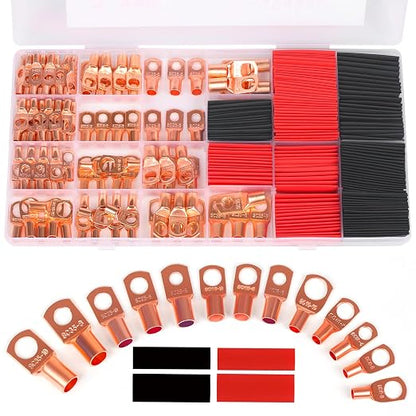 Copper Wire Lugs,Terminal Connectors,Used on AWG12 10 8 6 4 2 Cable,Heat Shrink Set,Bare Copper Eyelets,Ring Terminals Connectors,85Pcs Battery Cable Lugs Ends and 110Pcs Heat Shrink Tubing (195PCS)