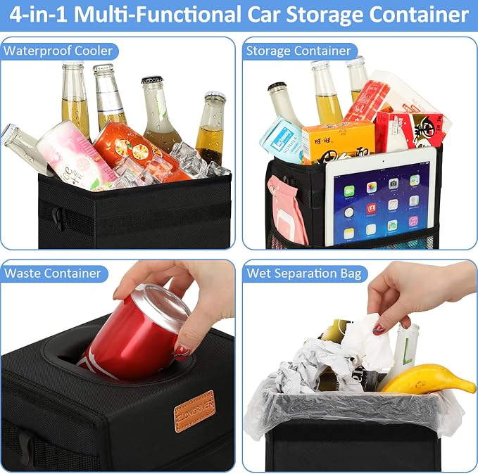 ELONGRIVER Car Trash Can Bin for Back Seat Leak Proof, Cute Car Trash Bag Hanging, Vehicle Trash Can for SUV Truck Van, Automotive Garbage Cans Front Seat Black