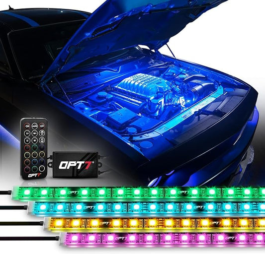 OPT7 Aura Engine Bay RGB Light Kit with Remote Control, 4 pc 24" Waterproof Underhood LED Strips, Multi Color Mode, Exterior Neon Accent Glow Lights for Truck F150 Tacoma Tundra 4Runner Dodge Durango