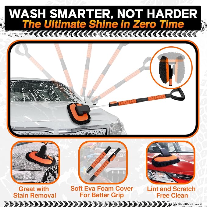 RoofPax Premium Car Wash Detailing Kit with 48.8" Extendable Telescoping Handle Chenille Microfiber Car Brush Wash Mop Mitt Scratch-Free Duster Exterior Magic Sponge & Cleaning Kit for All Vehicles