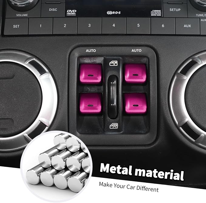 Jimen for JK Window Button Covers, 4PCS Center Console Window Switch Cover Interior Trim Kits Compatible with Jeep Wrangler JK & Unlimited 2012-2018, Aluminum Alloy (Pink)