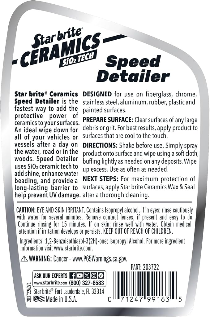 STAR BRITE Ceramics Speed Detailer SiO2 Infused - Ultimate Shine & Protection for Vehicles & Boats, Enhances Water Beading 22 oz Spray (203722)