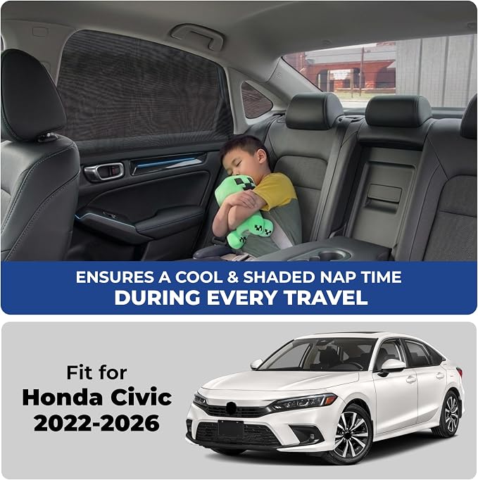 EcoNour Car Window Screen for Honda Honda Civic (2022-2026) 2 Pack | Breathable Mesh Camping Window Covers | 100% Protection from Bugs, Mosquito & UV | Baby Safe Privacy Blackout Net | Car Accessories