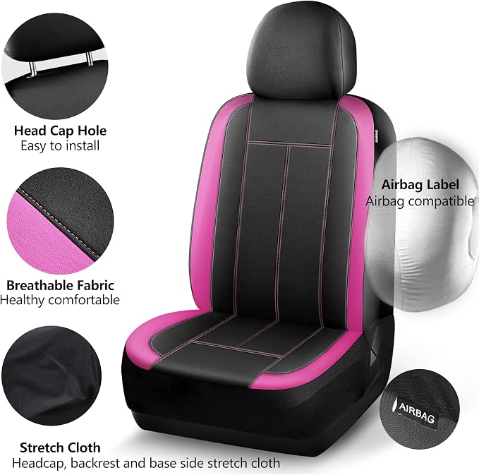 HChengkikz Car Seat Covers Front Seat, Waterproof Neoprene Seat Covers, Car Seat Cover Airbag Compatible, Universal Automotive Comfort for Most Cars, Trucks, SUVs (Black + Pink)