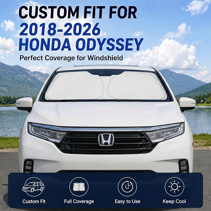 Custom Fit Windshield Sun Shade for Honda Odyssey 2018-2026 | Custom Fit Windshield Cover, Blocks UV Rays, Double-Layer Heat Shield, Durable Frame, Easy Fold & Storage