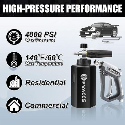 PWACCS Pressure Washer Foam Gun, Short Pressure Washer Gun, Foam Cannon for Car Wash Kit with 1/4" Quick Connector, Pressure Wash Handle for Power Washer with M22 Male Inlet, 4000 PSI, 1.5 Liter