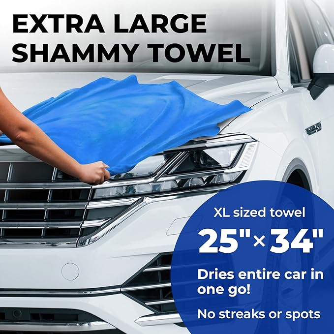 Premium XL Shammy Towel for Car - (34”x25”) - Super Absorbent Chamois Cloth - Spots and Scratch-Free - Reusable Car Drying Towels