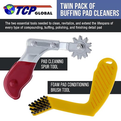TCP Global Polishing and Buffing Pad Cleaning Spur Tool and Foam Pad Conditioning Brush - Clean Recondition Polisher Buffer Wool Compound & Polish Pads - Revitalize Microfiber Bonnets, Auto Detailing