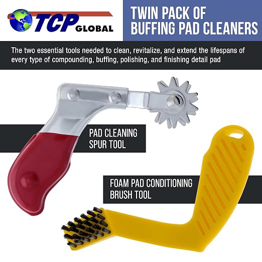 TCP Global Polishing and Buffing Pad Cleaning Spur Tool and Foam Pad Conditioning Brush - Clean Recondition Polisher Buffer Wool Compound & Polish Pads - Revitalize Microfiber Bonnets, Auto Detailing