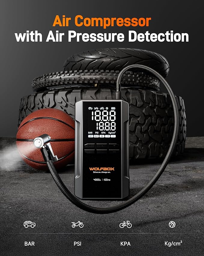WOLFBOX 4000A Jump Starter with Air Compressor, 88.8Wh Car Battery Jumper Starter Portable(10L Gas/10L Diesel), 12V Booster Jump Box Pack with 160PSI Tire Inflator, 65W Fast Charger, Jumper Cables