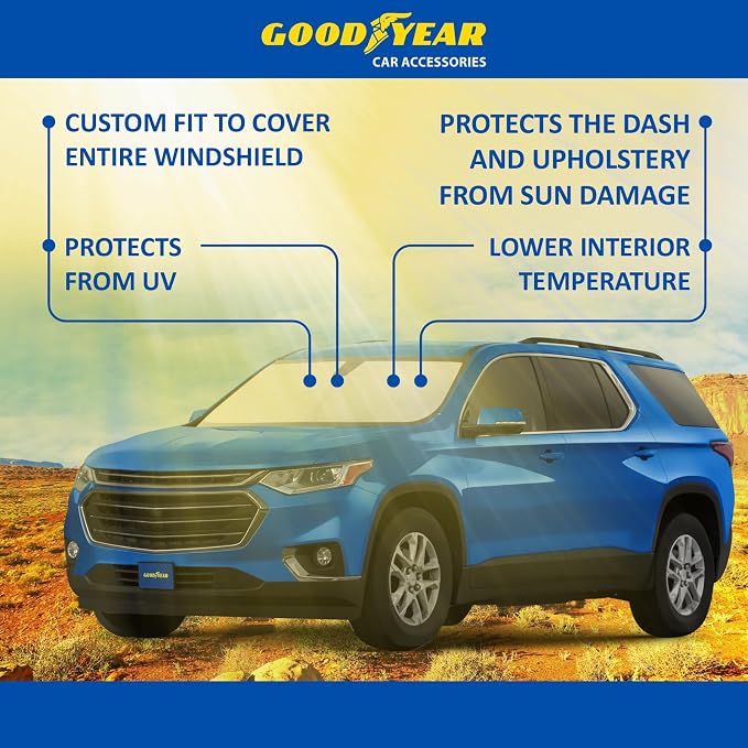 Goodyear Foldable Windshield Sunshade for Chevrolet (Chevy) Traverse 2018-2023, SUV car Accessories, Sunshade Cover, Sun Shade Car Windshield, Window Sun Blocker - GY008329