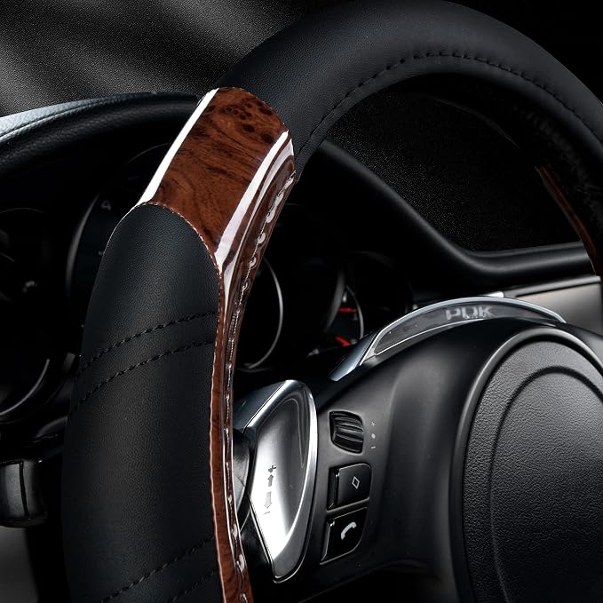 CAR PASS Wood Grain Microfiber Leather Sporty 14.5-15 inch Steering Wheel Cover Universal Fits for 95% Truck,SUV,Cars, Anti-Slip Safety Comfortable Design (Black Wood Grain)