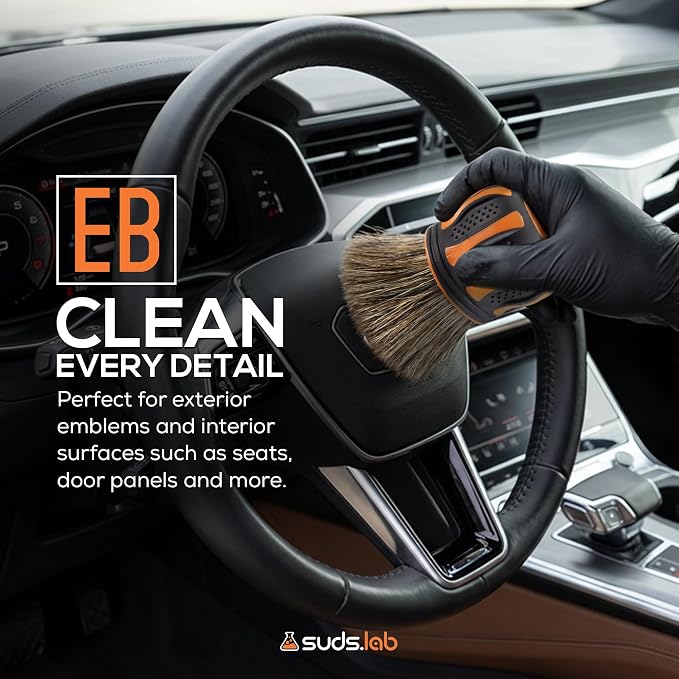 Suds Lab Elite-Bristle Boar’s Hair Car Detailing Brush – Deep Cleaning Car Detail Brush with Stand – Metal-Free, High Absorbency Detailing Tool for Scratch-Free Interior & Exterior