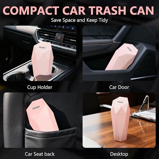 Car Trash Can with Lid - 1-Pack, Interior Accessories for Vehicles, Leakproof Garbage Can with 15 Detachable Trash Bags, Multipurpose Organizers and Storage Solutions for Home and Office (Pink)