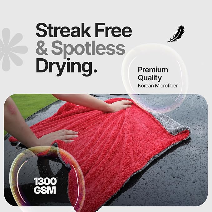 Crystal Clean 1300GSM Microfiber Towels for Cars – XL Drying Towel with Double Twisted Loop, Professional Detailing Towel Car Detailers - Quick Dry, Paint Safe & Swirl-Free (2 Pack Red)