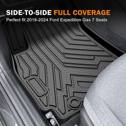 KUST Floor Mats for 2018-2024 Ford Expedition Accessories (7-Seat Only, Not for MAX), All Weather Car Mats Front Rear 3 Rows Floor Liners, TPE Rubber, Raised Edge, Extended Lip